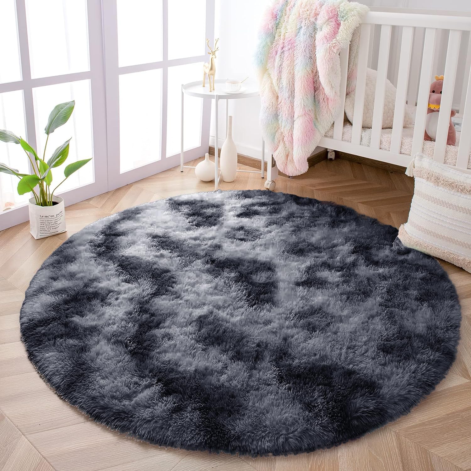 Oxford Homeware Round Rugs Living Room 120x120 CM – Tie-Dye Dark Grey Area Rugs for Bedroom Non Slip – Modern Super Soft Plush Carpets Fluffy Shaggy Rug for Lounge – Non Shedding Kids Bedside Rug