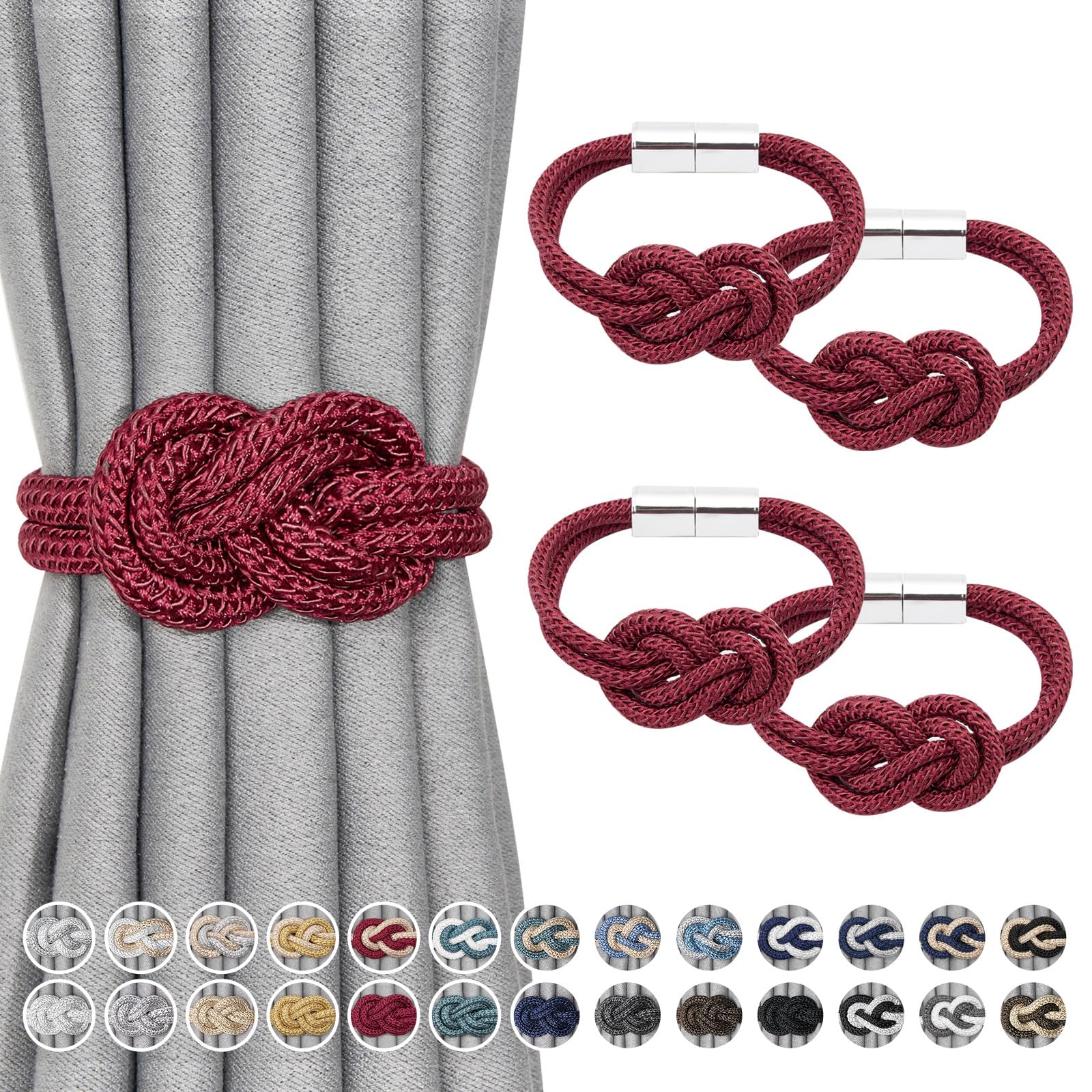 Pretty Jolly 4 Pack Mini Magnetic Curtain Tiebacks Nordic Simple Style Drape Tie Backs Elegant Hand Weave Rope Knot Decorative Curtain Holdbacks for Home & Office Window Drapery (Wine Red)