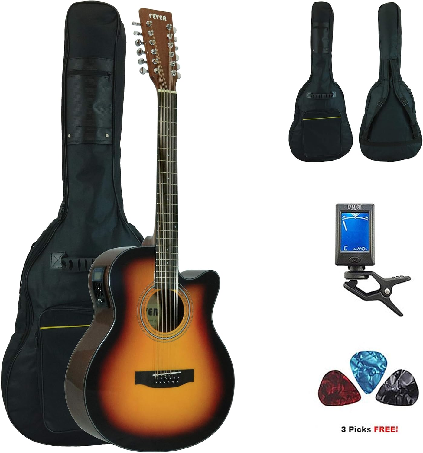 Fever 12 String Acoustic Electric Guitar with Bag, Tuner