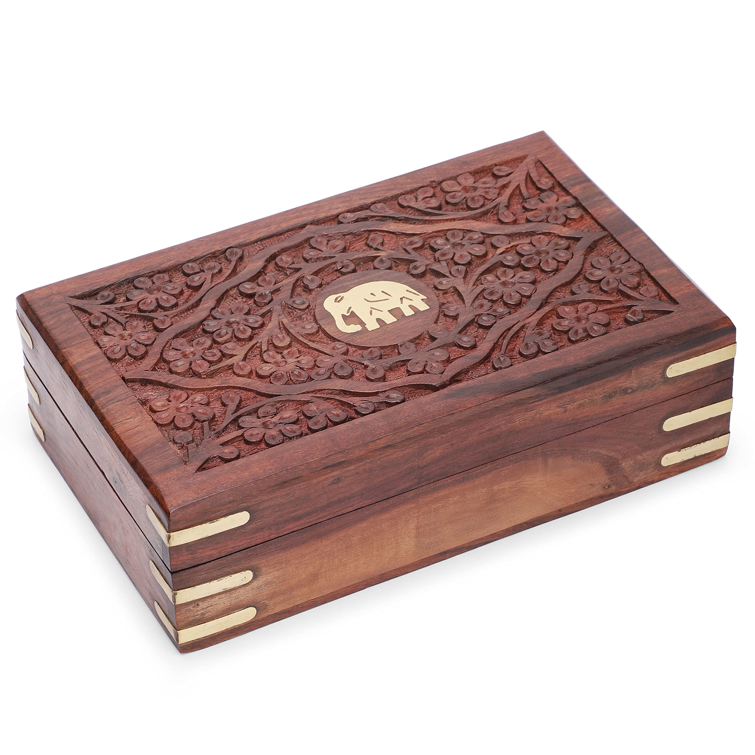 Ajuny Handcrafted Wooden Jewelry Box Elephant Design Solid Multipurpose Keepsake Storage Travel Organizer Treasure Chest Vintage Decorative Trinket Holder Gifts 8x5 Inch