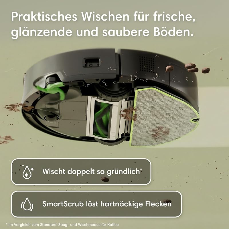 Roomba® 115 Combo Saug- und Wischroboter, 15k Pa Saugleistung, Bürsten und Wischpad reichen, Navigation mit Clearview™ LiDAR, Schwarz