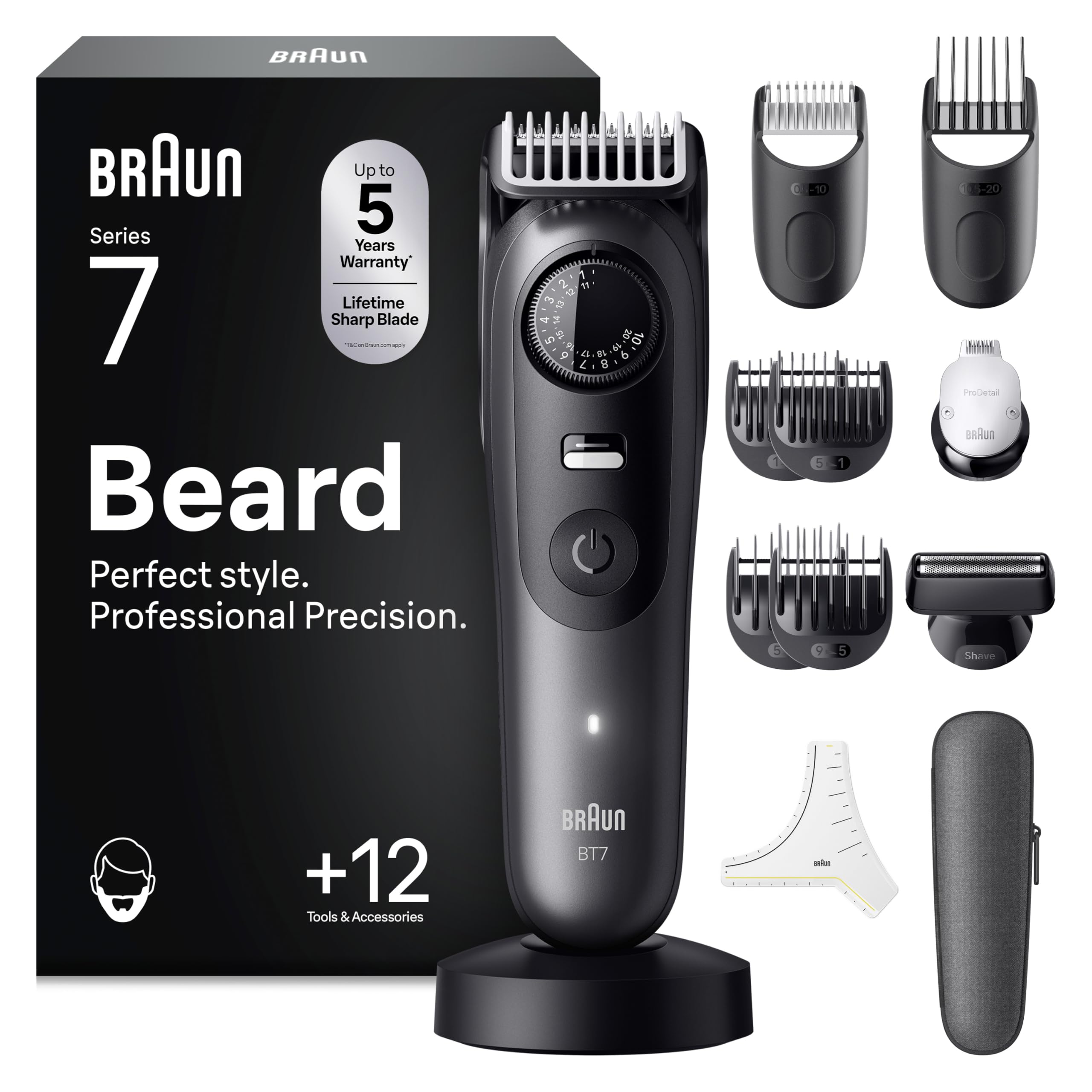 Braun Regolabarba Uomo Series 7, +12 Strumenti Da Barbiere, Lama ProBlade Affilata a Vita, Fino A 120 Minuti Di Autonomia, Selettore Di Precisione Con 40 Lughezze E Blocco, BT7545, Grigio