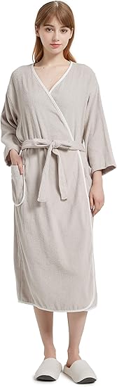 Amazon Co Jp 薄手 軽量 綿100 春 夏 バスローブ レディース カシュクール 吸水 タオル地 綿 薄手 七分袖 ママ バスタオル パイピング パイル 出産祝い 人気 ルームウェア 部屋着 母の日 ギフト プレゼント ファッション