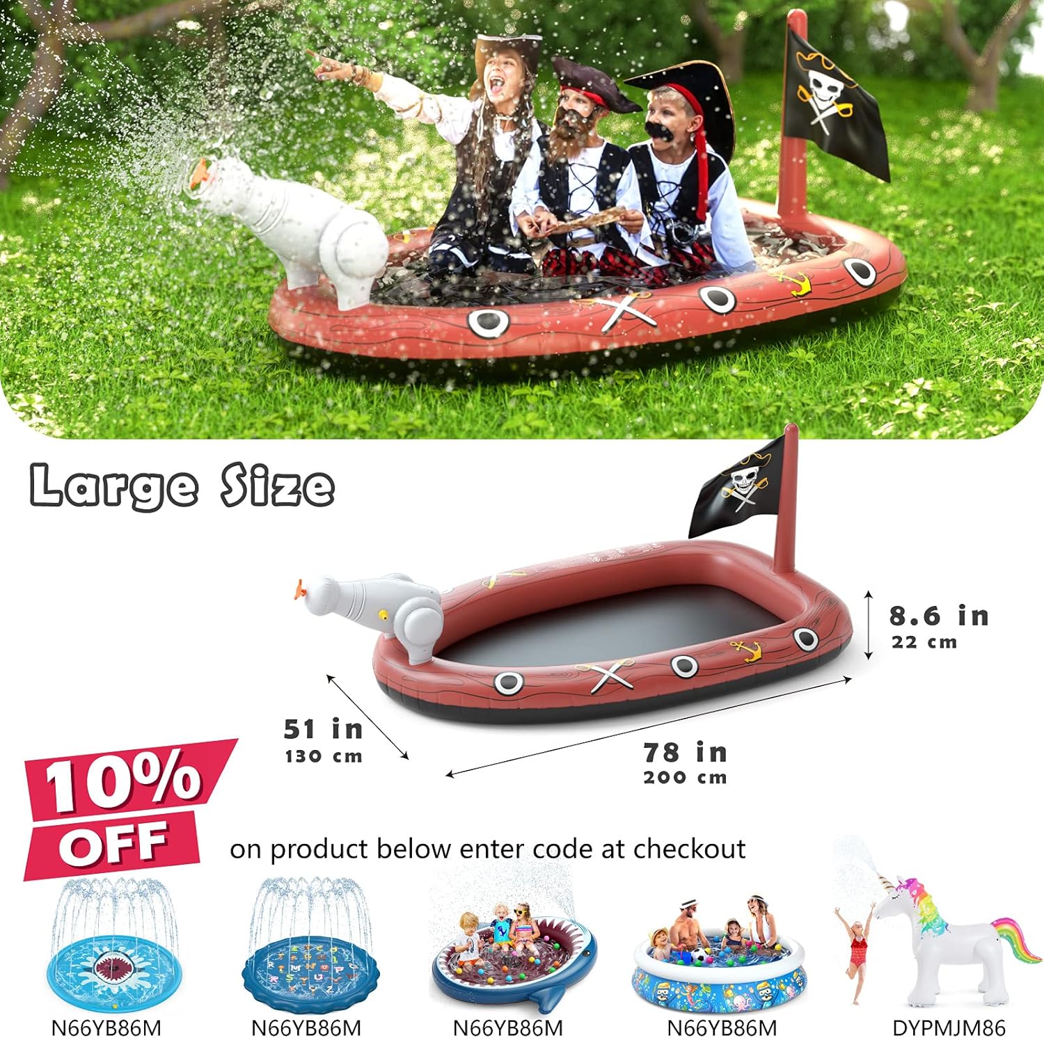 Jasonwell Inflatable Kiddie Pool Sprinkler - Splash Pad for Kids Toddler Pool Outside Children Pirate Ship Baby Pool Swimming Wading Pool Summer Outdoor Water Toys for Babies Boys Girls Yard Garden: Toys & Games
