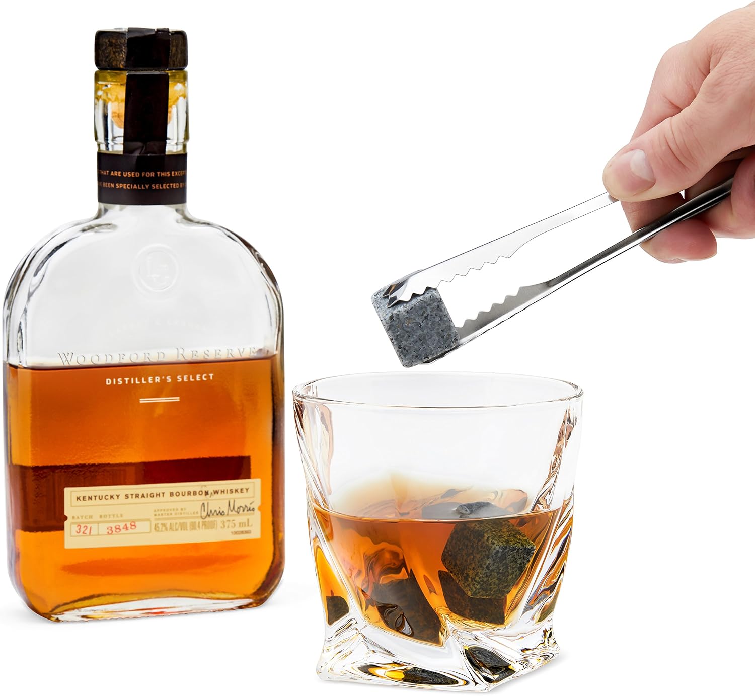 Whiskey Stones and Whiskey Glass Gift Boxed Set, 8 Granite Chilling Whisky Rocks, 2 Glasses in Wooden Box, Great Gift for Father's Day, Dad's Birthday or Anytime For Dad, Plus 2 Free Coasters: Kitchen & Dining