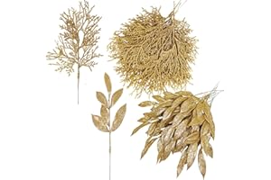 Winlyn 30 Pcs Christmas Artificial Leaf Sprays Cedar Picks Gold Glittered Christmas Tree Ornaments Floral Stems for Gold Christmas Tree Wreaths Swag Centerpieces Holiday Seasonal Wedding Decorations