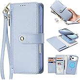 VALUEAGLE Compatible with iPhone 17 Pro Max Case Wallet with Wrist Strap, Compatible with iPhone 17 Pro Max Case Detachable Wallet for Women/Men, Multiple Slots (Blue, for iPhone 17 Pro Max)