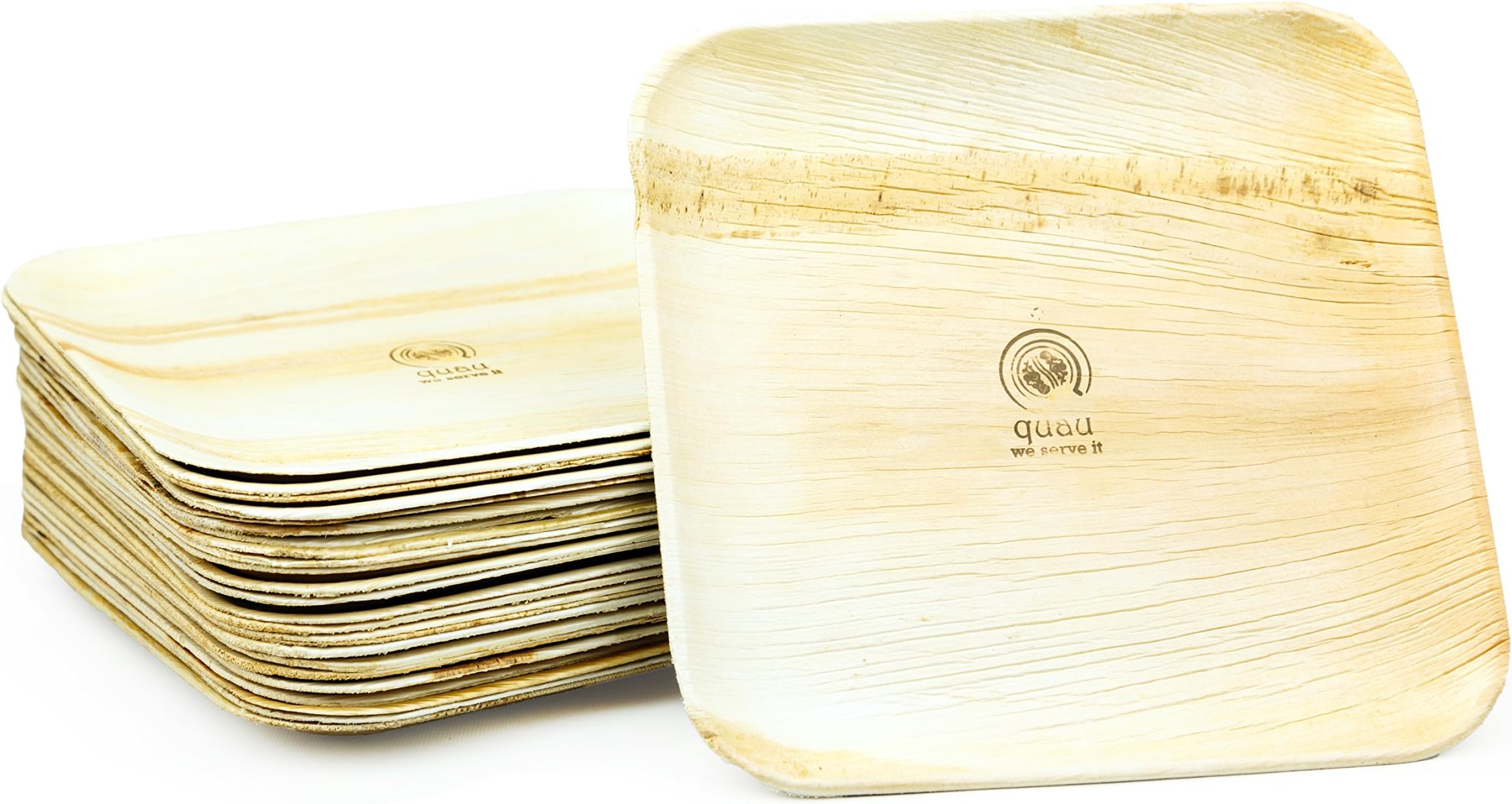 Quau 25 disposable palm leaf square dinner plates, 24 cm, compostable, biodegradable, palm leaf plate