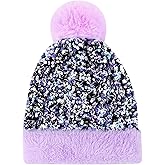 Caviotess Women Sparkly Sequins Knitted Beanie Hat Warm Winter Skull Cap with Faux Fur Pom Pom