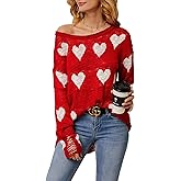 Chang Yun Women Off Shoulder Knitted Pullovers Sweater Loose Long Sleeve Hearts Printed Ripped Tops