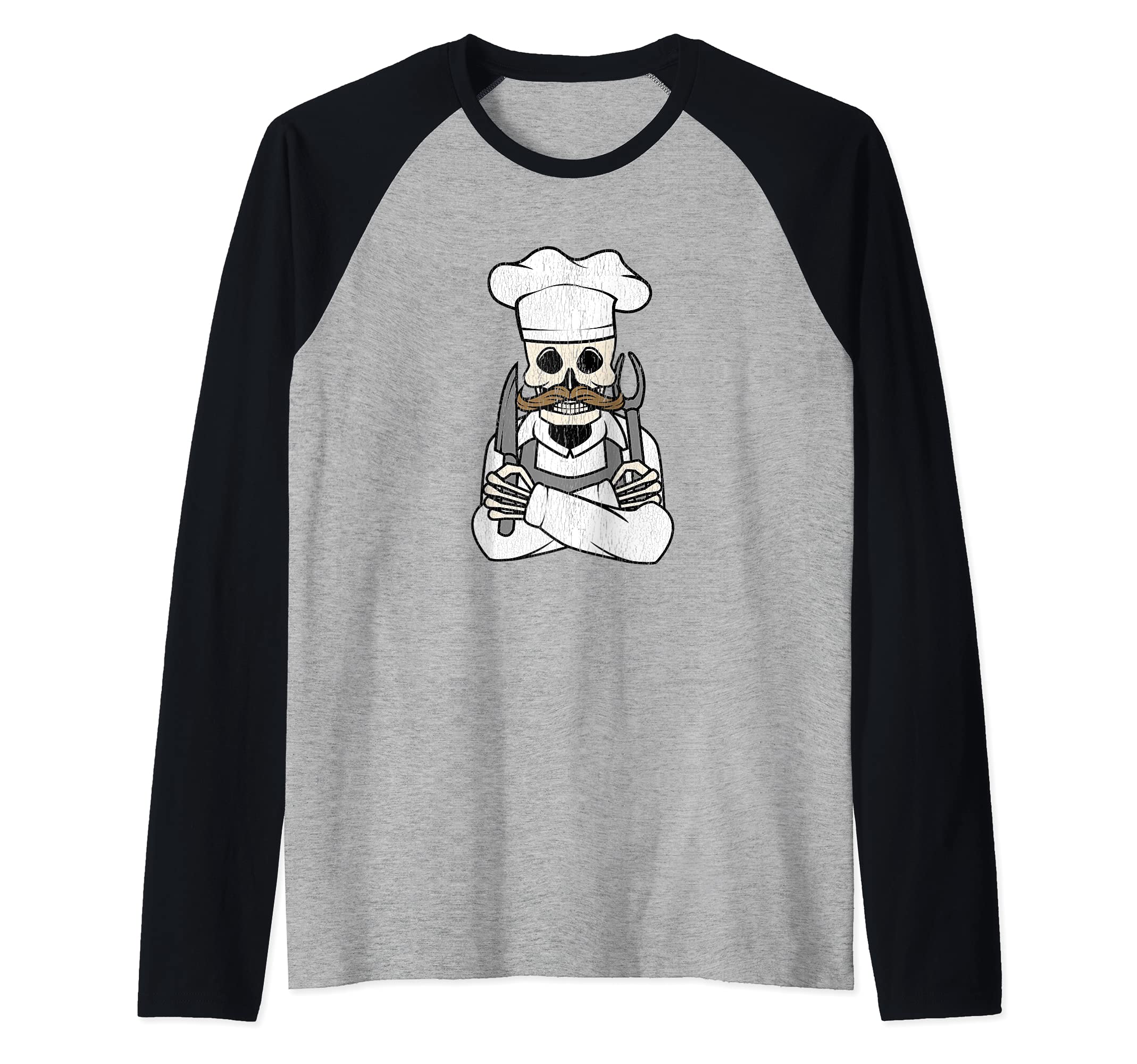 Grill Master Chef Skull Grillmaster Grilling Funny BBQ Raglan Baseball Tee