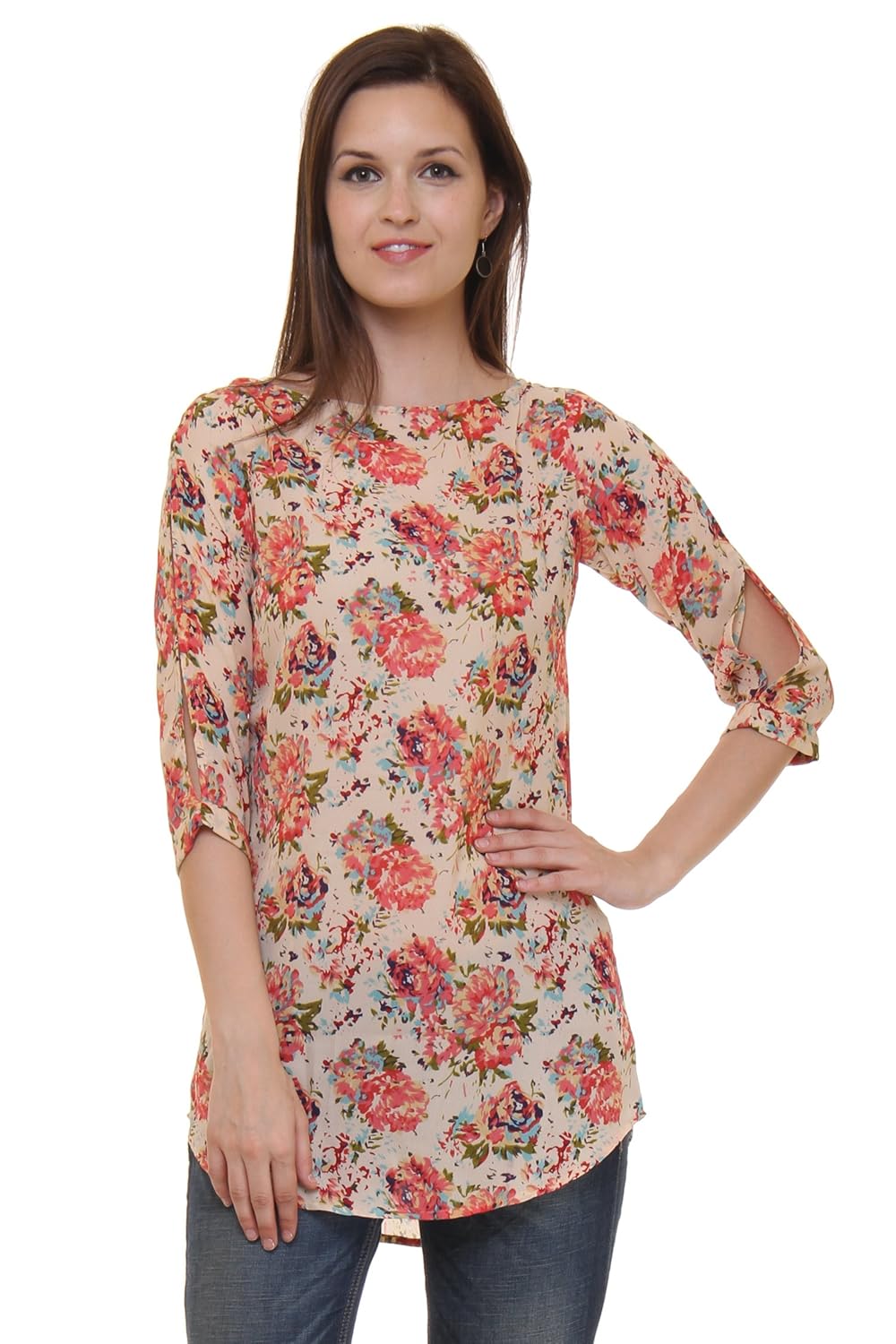 ruhaan's women's georgette beige color floral printed tunic (ru_5199)