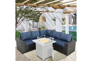 BPTD Outdoor Patio Furniture Set Balcony Furniture PE Rattan Wicker Outdoor Sectional with Washable Cushion for Garden, Poolside, Balcony, Backyard (Brown-Navy Blue)