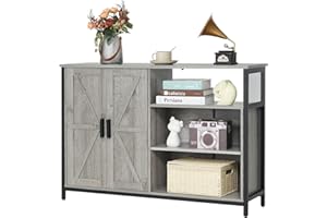 WEENFON Floor Storage Cabinet, Buffet Storage Cabinet with 2 Barn Doors, Industrial Sideboard with Adjustable Shelves, Buffet Table for Dining Room, Living Room, Kitchen, Grey