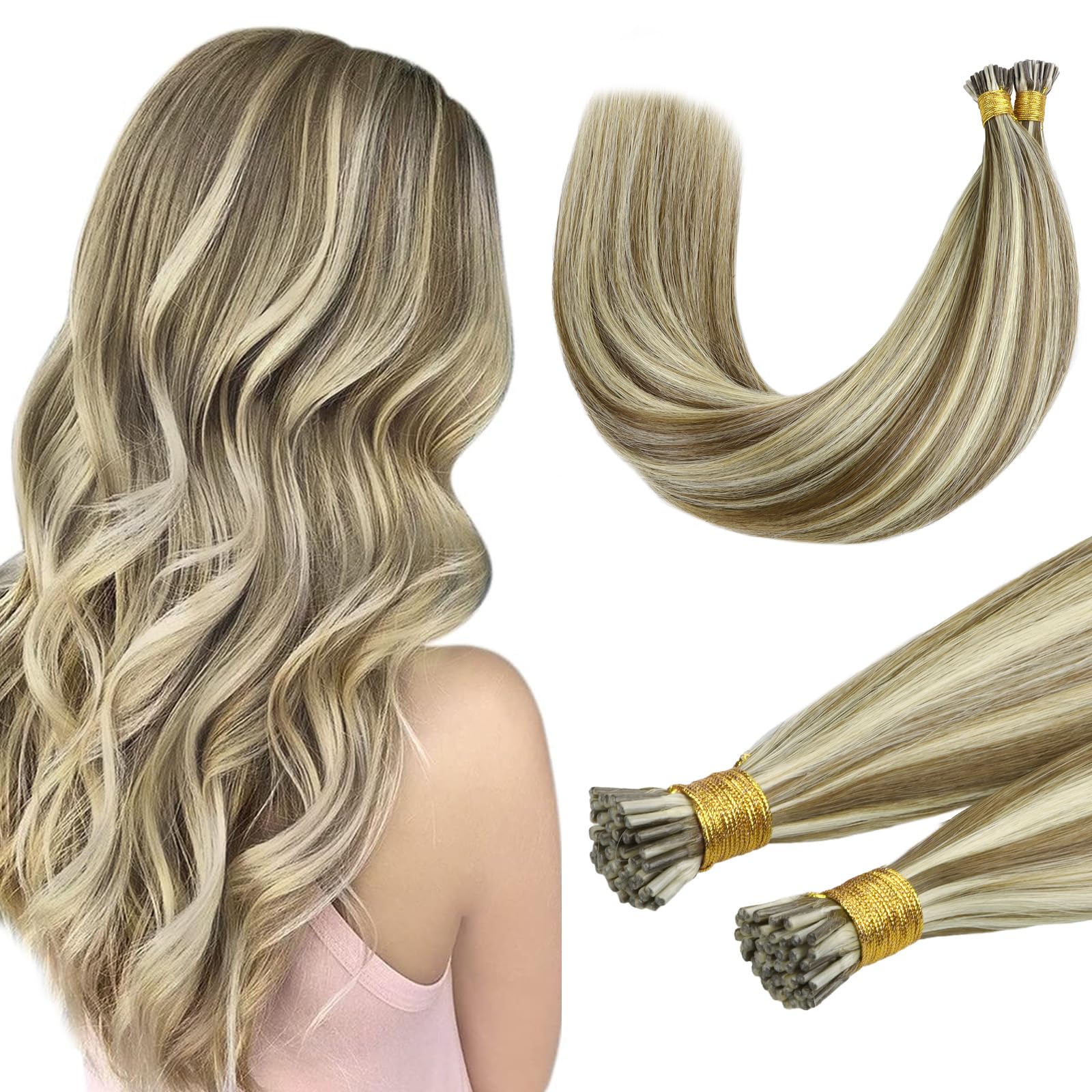 DOORES I Tip Ring Hair Extensions, Light Brown Highlighted Medium Blonde 20 Inch 50g 50s, Cold Fusion I Tip Hair Extensions Real Human Hair Invisible โ image 1