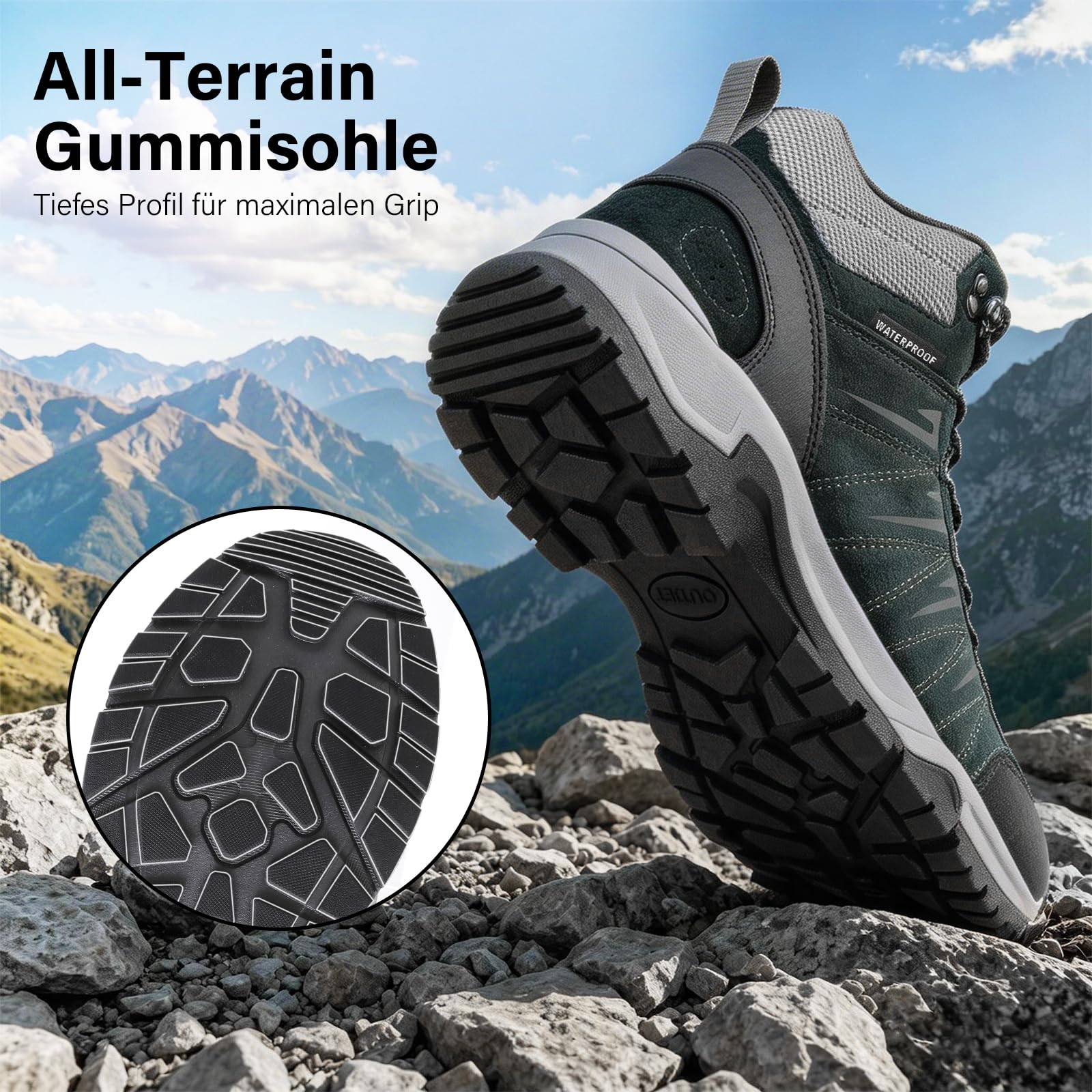 OUTJET Wanderschuhe Herren Wasserdicht Leder, Outdoor Hiking Schuhe rutschfest und Komfortabel 7