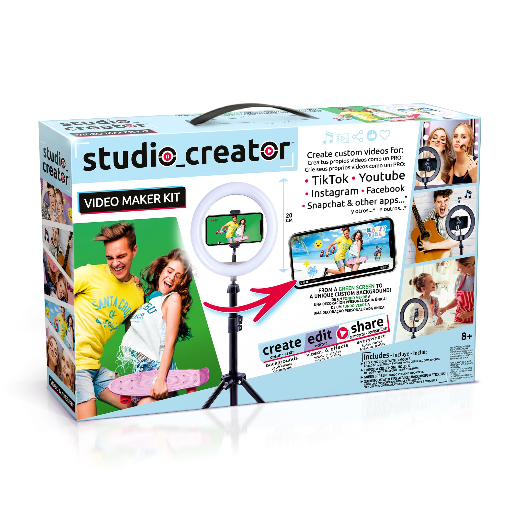 Canal Toys - Video Studio Creator Kit - Become an Influencer - Accessories with Green Background, Tripod and Ring of Light - From 8 years old - INF 001 - Cranberry