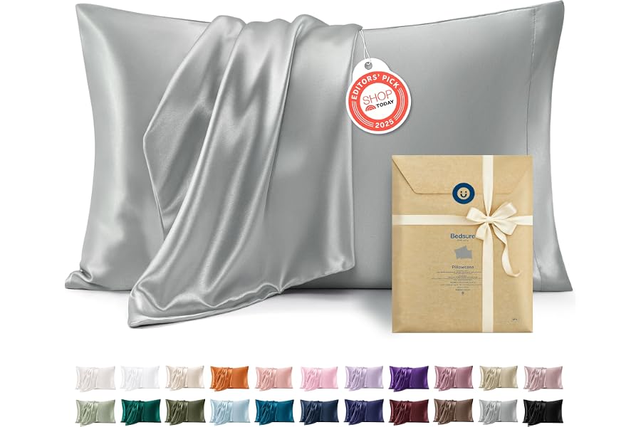 Bedsure Satin Pillowcases Queen Set of 2, Similar to Silk Pillow Cases Grey | Silky Pillowcase for Hair and Skin, Decorative Covers, Room Decor, Gifts for Women Men, Cooling, Stocking Stuffers, 20" x 30"