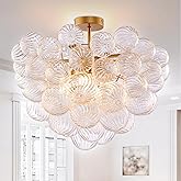 BeyPan Semi Flush Mount Bubble Ball Chandelier Lighting 24 Inches Gold Clear Ribbed Blown Glass Chandeliers Ceiling Light Fix