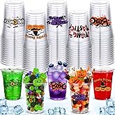 Uiifan 100 Pcs Halloween Party Cups Disposable Plastic Clear Cups Bulk Drinking Wine Glasses for Adults Coffee Juice Tea Snacks Treat Halloween Party Supplies(12 oz)