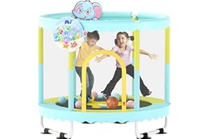 HOEE Trampoline for Kids 60''/48'' Toddler Trampoline, Outdoor Indoor Recreational Trampolines with Enclosure Net, Swing, Adjustable Gymnastics Bars, Basketball Hoop, Dartboard, Gifts for Boys & Girls
