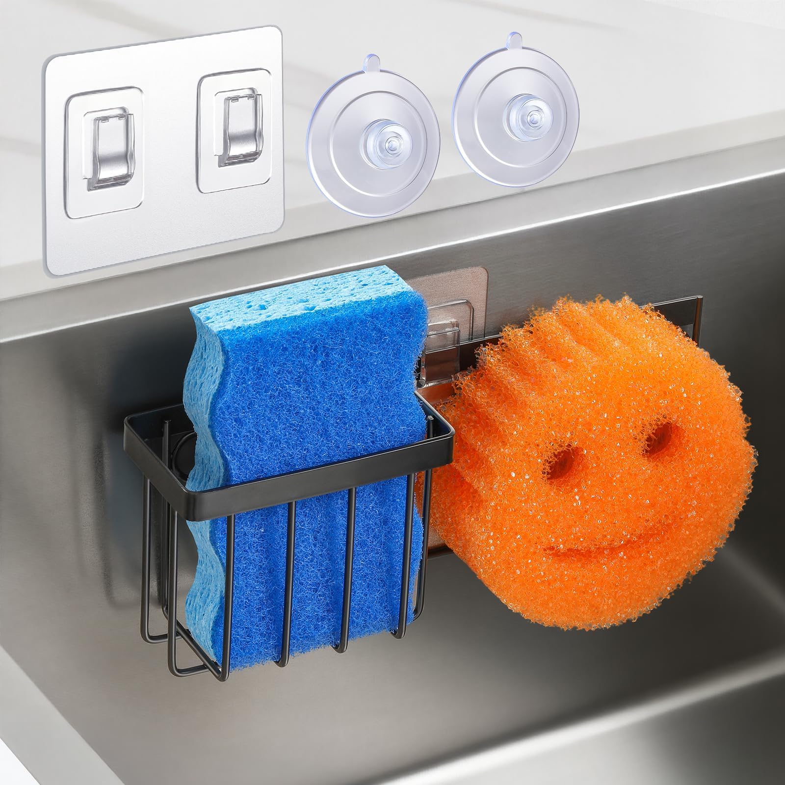 Photo 1 of [Slim & Space-saving] Sponge Holder for Kitchen Sink, Sponge Caddy for Scrub Daddy / Scrub Mommy Smiley Face, Sink Organizer Accessories for Dish Brush, Scrubber -with 2 Suction Cups & 1 Adhesive Hook
