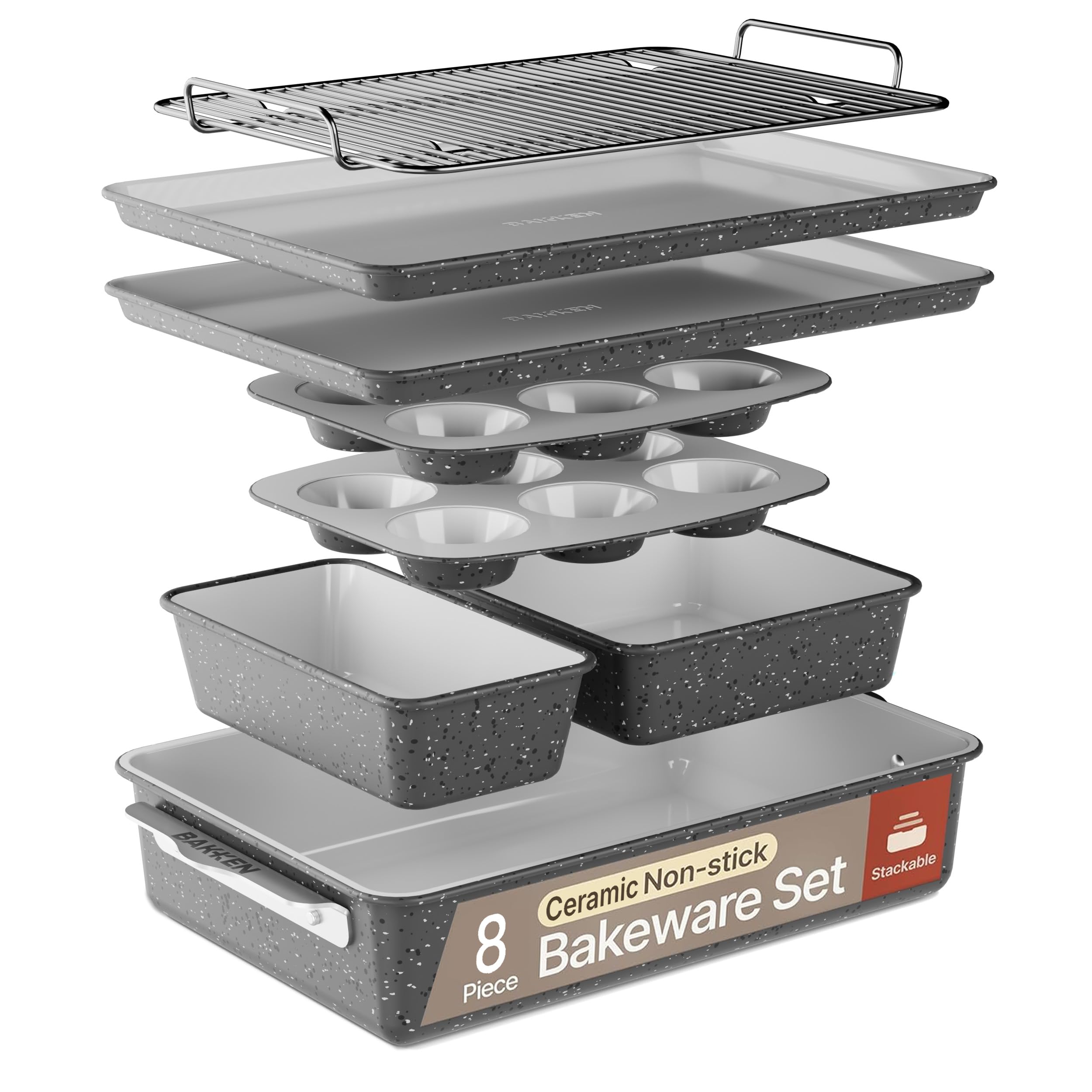 Photo 1 of ***FACTORY SEALED*** Bakken 8-Piece Stackable Bakeware Set - Ceramic Non-Stick Coating, Baking Sheets, Assorted Baking Pans, PTFE, PFOA & PFOS Free - Healthy Baking, Ergonomic Handles, Cooling Rack, Non-Toxic, Oven-Safe