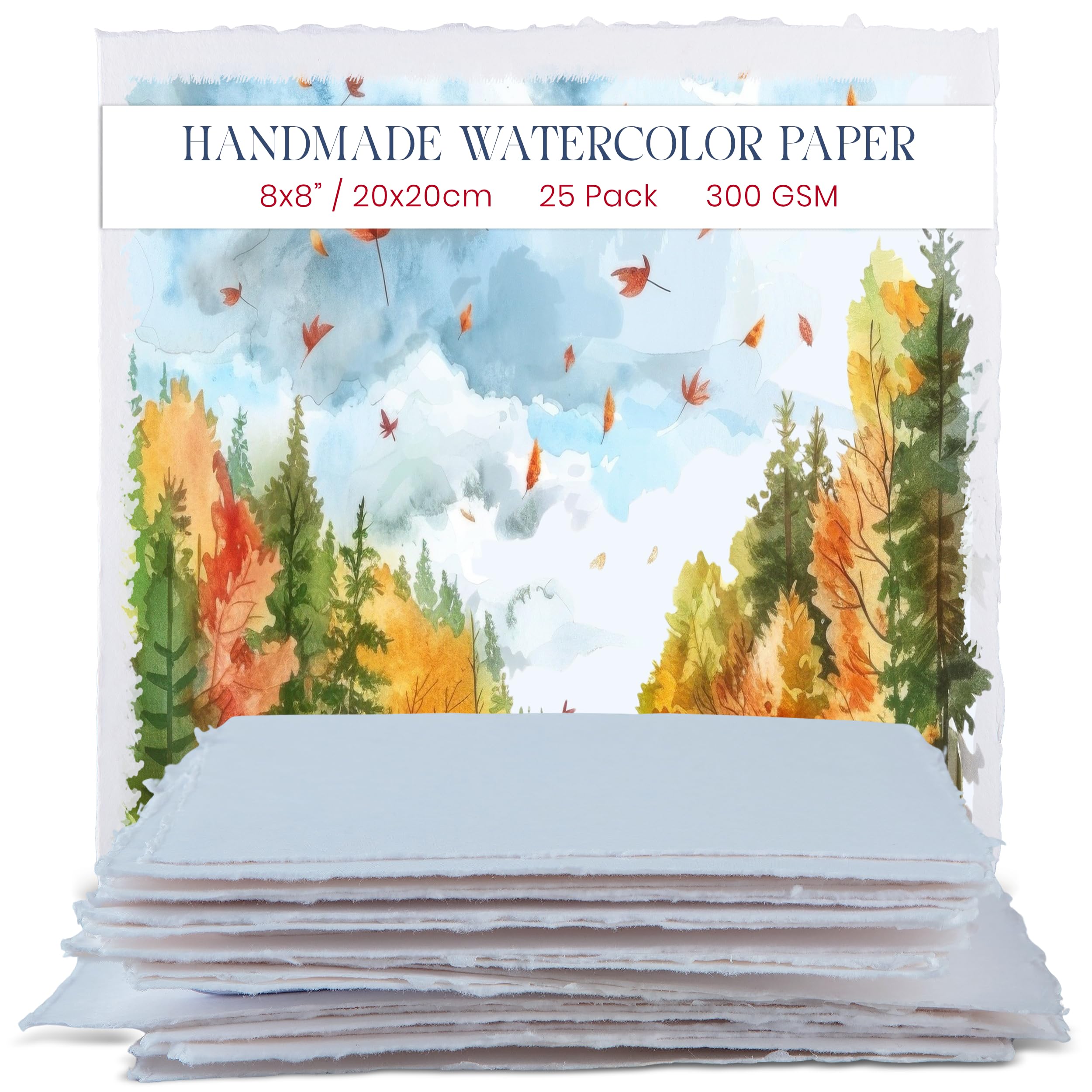 Wanderings Thick Handmade Watercolor Paper with Deckle Edge - 8x8-300GSM - Premium White Cold Press Textured Mixed Media Paper Made with Recycled Cotton - 25 Loose Leaf Sheets