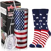 Tanlade 2 Sets American Flag Water Tumbler, Veterans Day Gifts Patriotic Cup with Socks Party Gift, Patriotic Party Supplies for Men Women, 20 oz Insulated Vacuum Cups with Lid