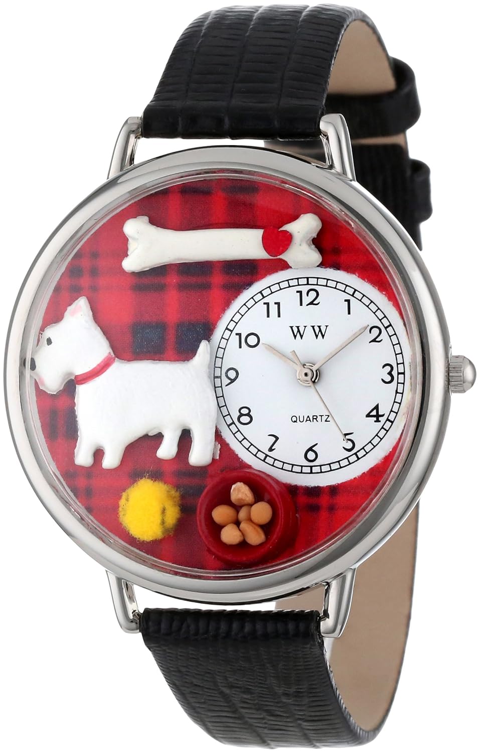 Whimsical Watches Westie Black Skin Leather and Silvertone Unisex Quartz Watch with White Dial