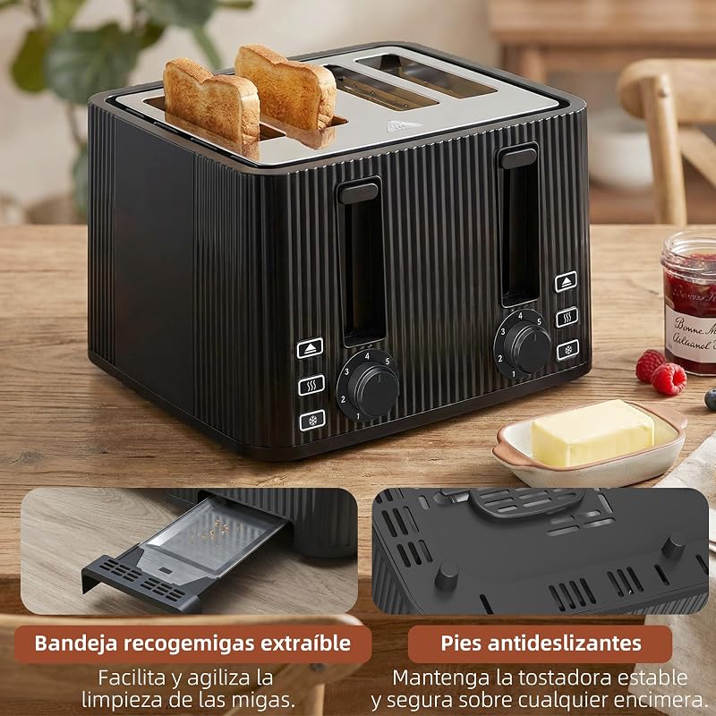 Tostadora 4 Ranuras Anchas 7 Niveles de Tostado, 1710W, Negro