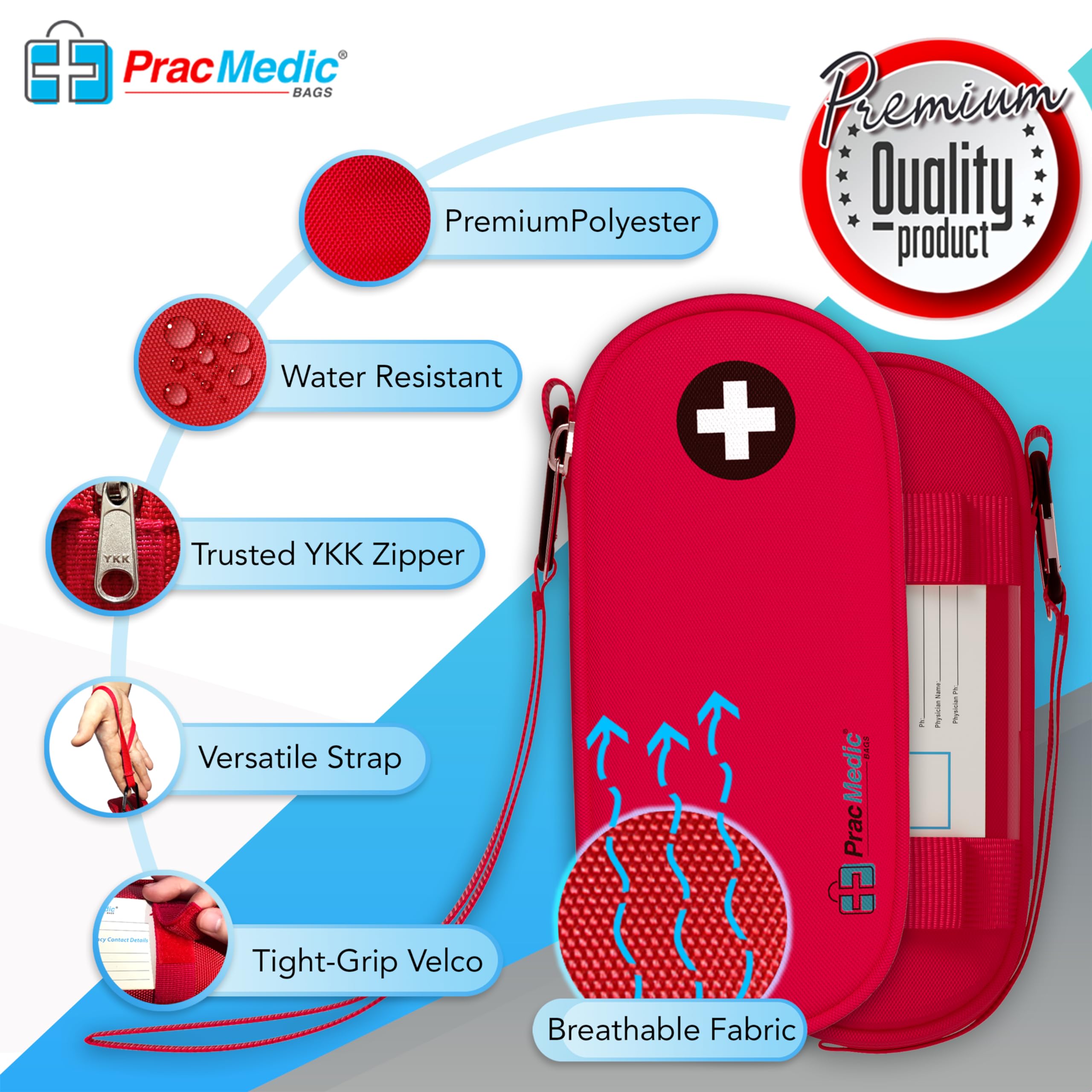 PracMedic Bags EpiPen Carry Case- Insulated Compact Epi Pens Carrying Case holds 2 Epipens or Auvi-Q, Inhaler, Antihistamine Meds for Immediate Access to Allergy Medications During Emergencies (Red)