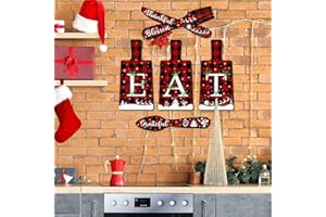 clothmile 6 Pcs Christmas Cutting Board Eat Sign Knife Spoon and Fork Wall Decor Buffalo Plaid Eat Sign Decor Burlap Wood Eat Kitchen Wall Decor Christmas Hanging Art Xmas Farmhouse Kitchen Decor