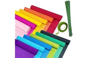 Cieovo Crepe Paper Flower DIY Kits, 12 Rolls Bright Colors Crepe Paper Rolls Floral Tape and 50 Green Floral Iron Wire for Wedding Festival Party Wreath Making Supplies DIY Flower Crafts