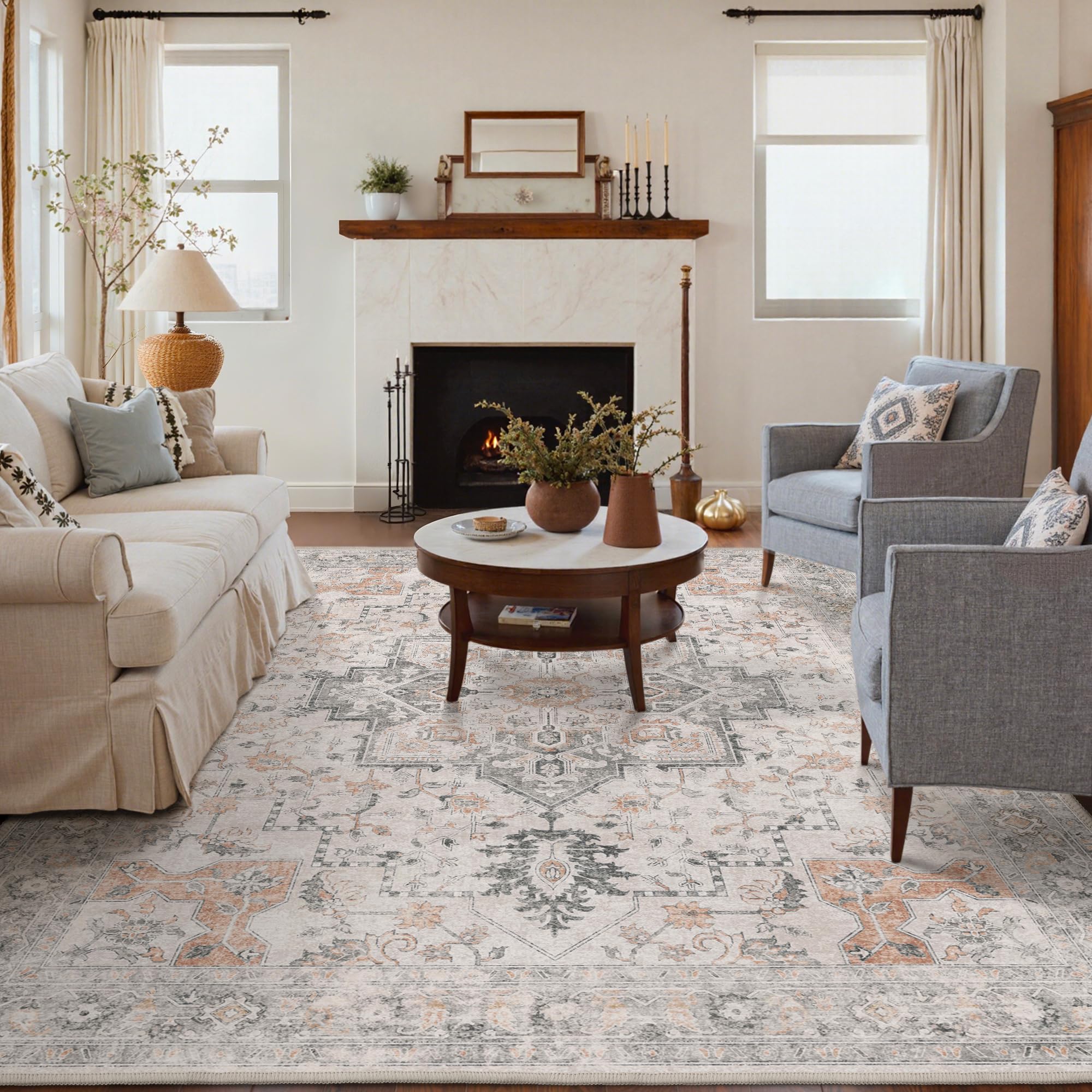 Photo 1 of GENIMO 6x9 Area Rugs for Living Room, Machine Washable Low Pile Rugs, Chenille Non Alip Vintage Rug for Bedroom, Dining Room, Home Office, Light Taupe Brown
