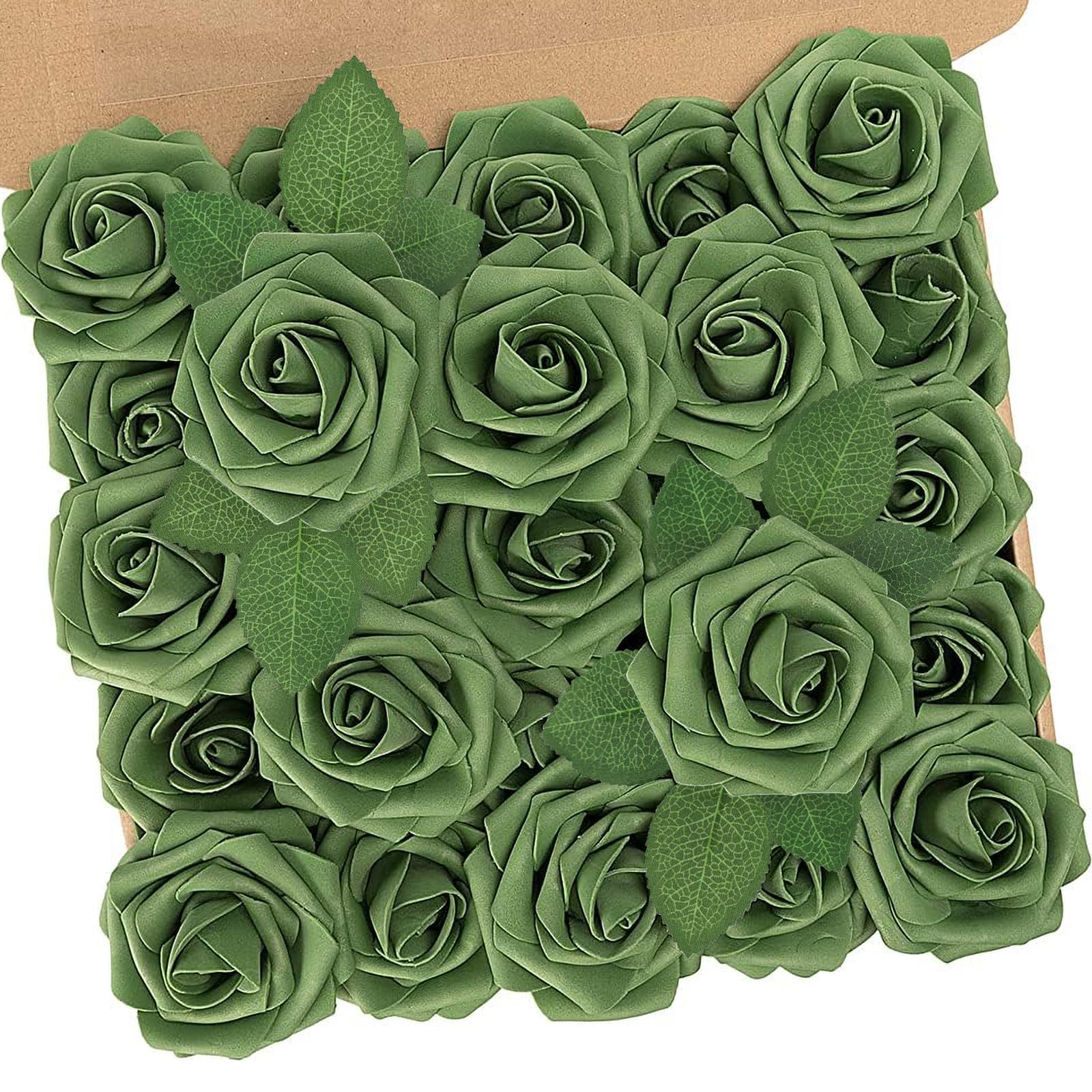 Photo 1 of N&T NIETING Roses Artificial Flowers, 25pcs Artificial Flowers Foam Flowers with Stems for DIY Cake Decoration Wedding Party Home Decoration, Army Green