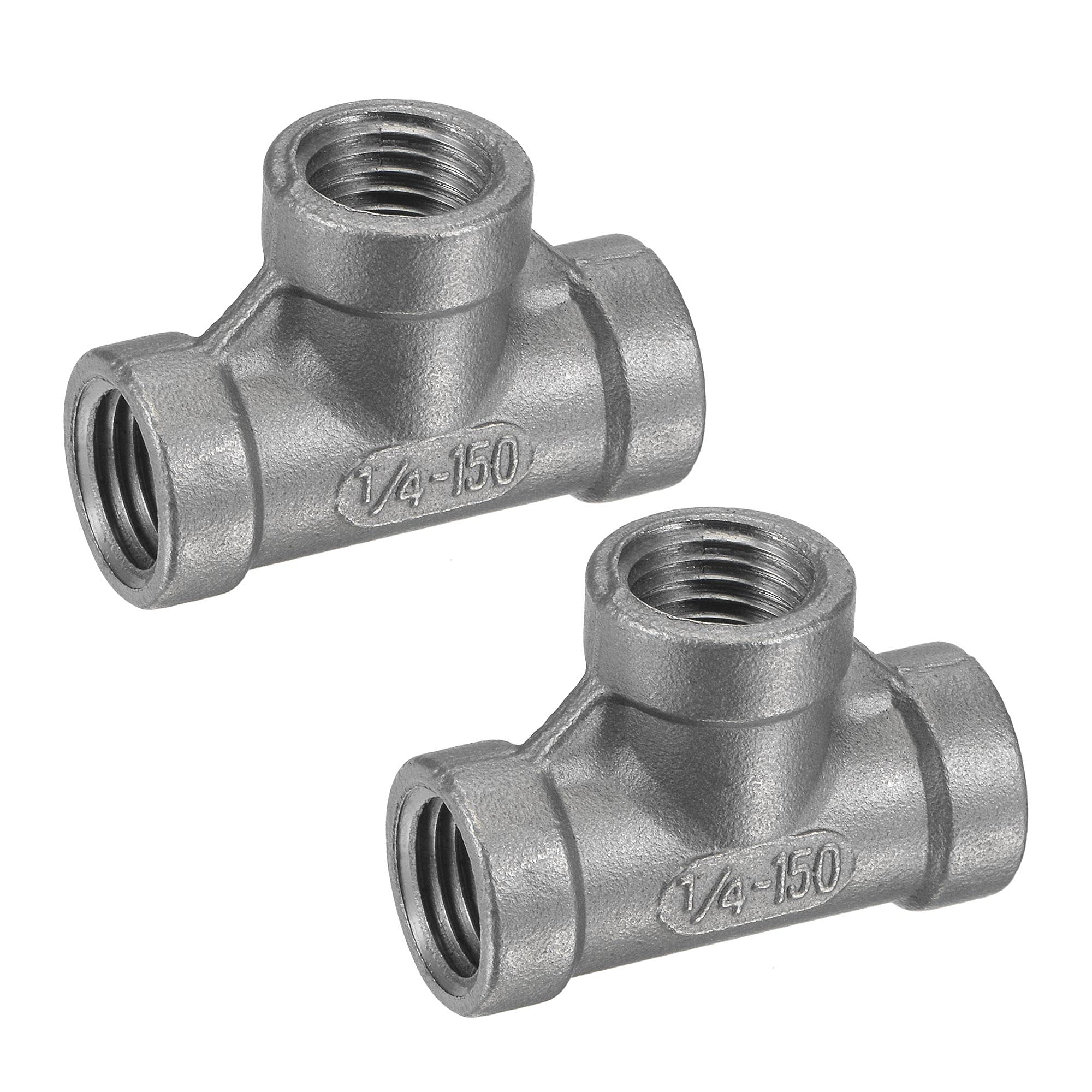 sourcing map Pipe Fitting Tee 1/4 NPT Female Thread Hose Connector Adapter, 304 Stainless Steel, Pack of 2