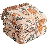 Boho Throw Blanket for Bed 60”x80”, 100% Cotton Woven Blanket for Couch Sofa, Ultra Soft 4-Layer Muslin Quilt with Floral Printed, Farmhouse Bed Blanket/Cover for Living Room Decor