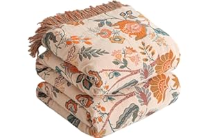 SE SOFTEXLY Boho Throw Blanket for Bed 60”x80”, 100% Cotton Woven Blanket for Couch Sofa, Ultra Soft 4-Layer Muslin Quilt with Floral Printed, Farmhouse Bed Blanket/Cover for Living Room Decor