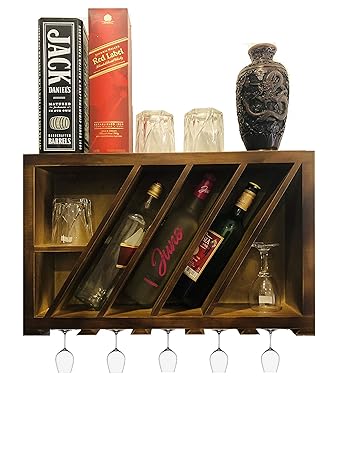 METRENO Antique Style Handcrafted Pine Wooden Wall Mounted Wine Rack-Hanging Mini Bar Cabinets for Home & Kitchen/Bar/Restaurant(Antique Wood Golden Brown)