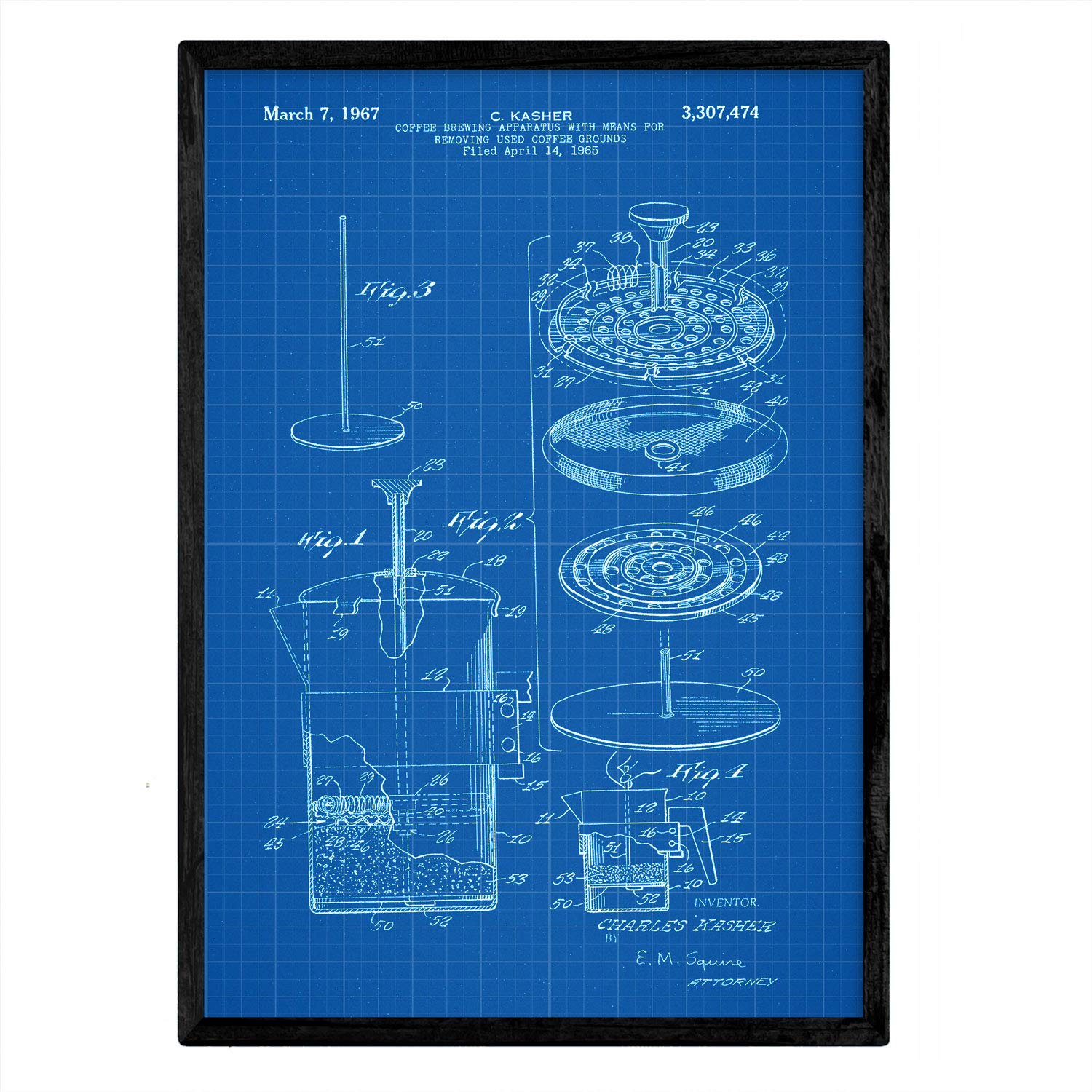 Nacnic Poster patent coffee 3. Foil with old design patent in A3 size with blue background