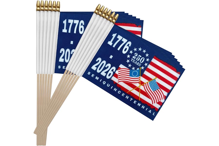 LoveVC 12 Pack 250th Anniversary Flag Small American Flag on Stick 1776-2026 Mini USA Patriotic Handheld Flags for 4th of July Outside Decorations,5x8 Inch