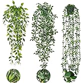RECUTMS Fake Hanging Plants with Pots 3 Pack Artificial Ivy Vine Fake Potted Plants Faux Eucalyptus Plants Mandala Ivy Vine Leaves Pea Pod for Spring Home Room Shelf Wall Indoor Outdoor Decor