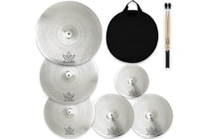 ULUOBO Low Volume Cymbal Pack 6 Pieces, Silent Cymbals, Quiet Cymbals Set for Drummer Practice, 10''Splash+14''Hihat+16"Crash+18''Crash+20"Ride, Silver