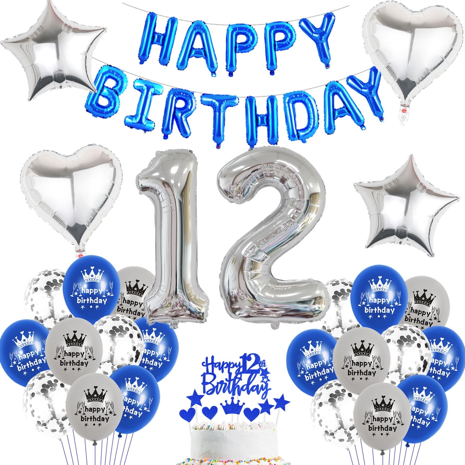 12th Birthday Decoration Blue Silver Boys Set Balloons, Birthday Decoration Boys Blue White Set 12 Years, Children's Birthday Decoration Blue Silver 12 Year for Boys Happy Birthday Garland