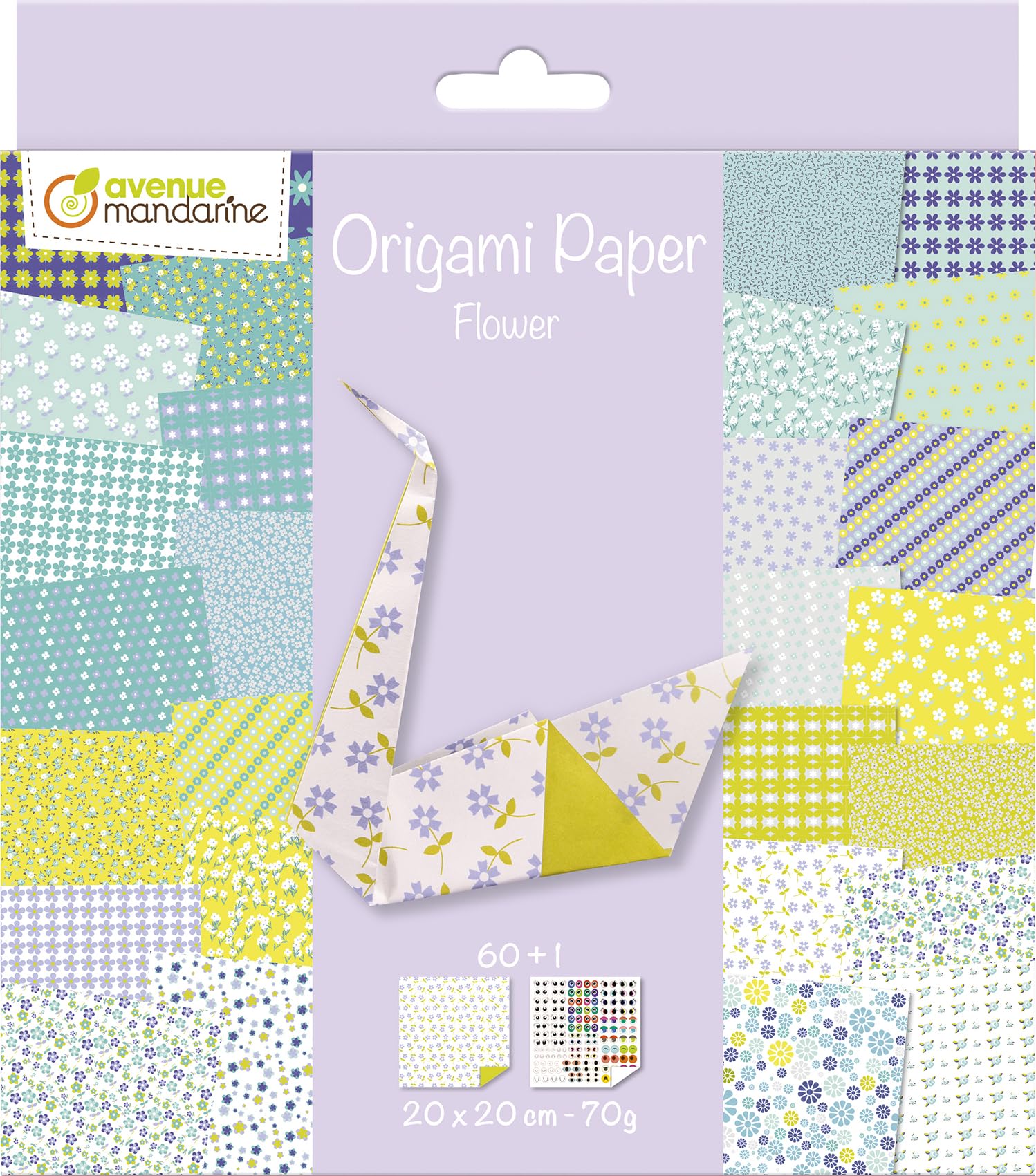 Avenue Mandarine 52507O - A pack of 60 Origami sheets 20x20 cm 70G (30 designs x 2 sheets) + a sheet of stickers ''Yeux'', From 7 years - FLOWERS THEME