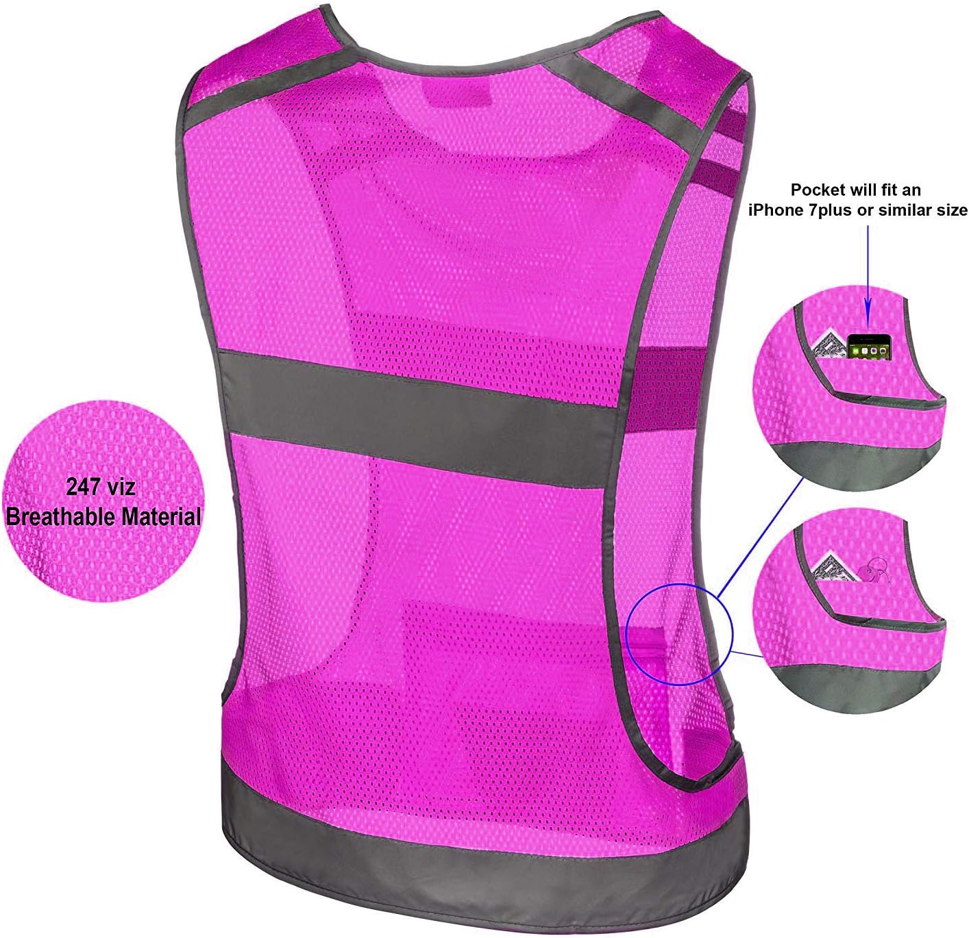 247 Viz Reflective Running Vest Gear - Stay Visible & Safe - Ultra Light & Comfortable Motorcycle Reflective Vest - Large Pocket & Adjustable Waist - Safety Vest - Free Bands : Sports & Outdoors