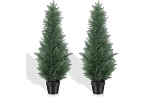 PHYTREE 3FT Artificial Cedar Tree - Realistic Faux Cedar Trees for Outdoor Planters - Fake Cypress Trees for Front Porch - Faux Evergreen Plants for Home Porch Decor - Set of 2