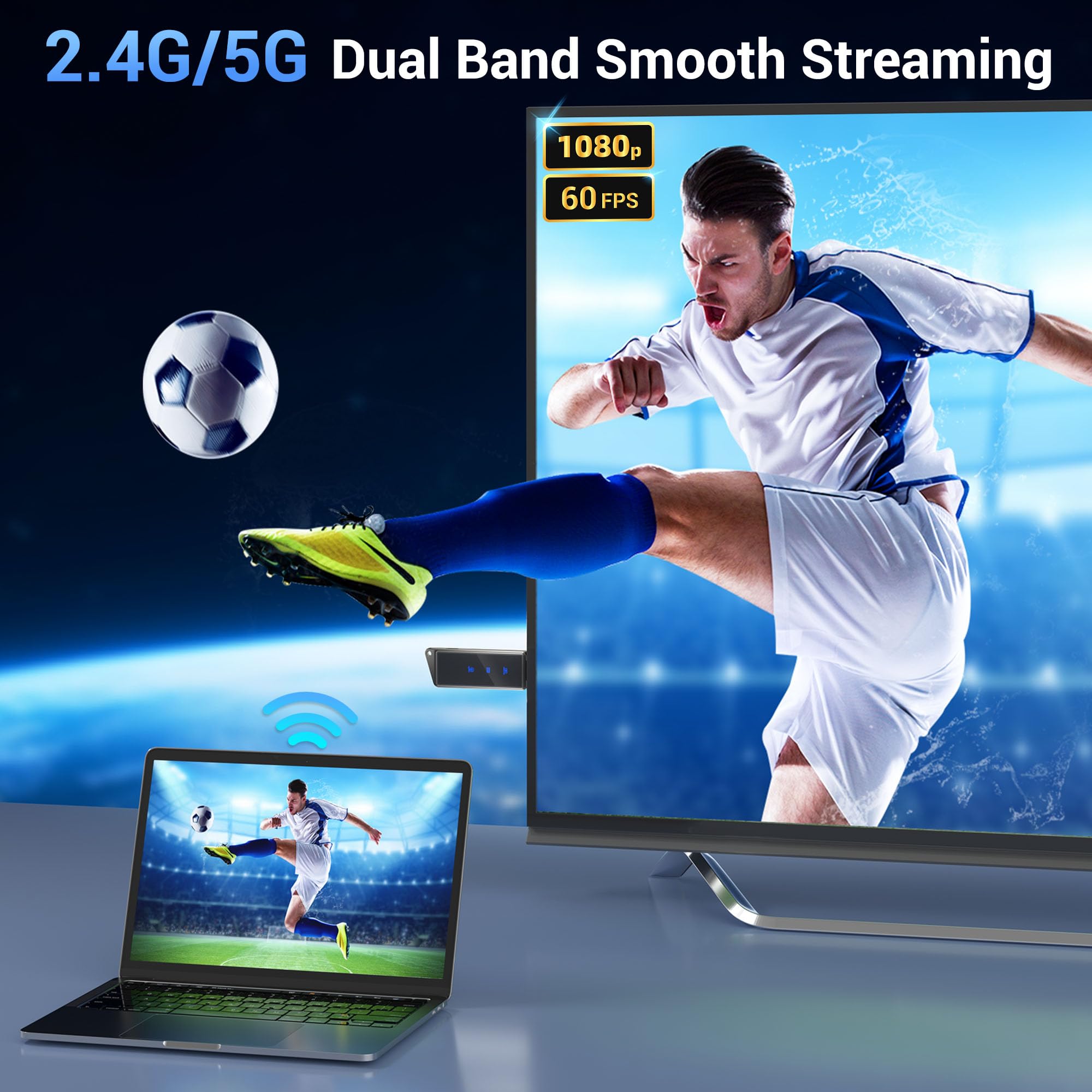 Wireless HDMI Display Dongle Adapter 1080P/60hz, Screen Mirroring Video & Audio Receiver for Streaming Movies, 4K Decoding 2.4/5G for iPhone Android Window to TV, Support Miracast Airplay DLNA