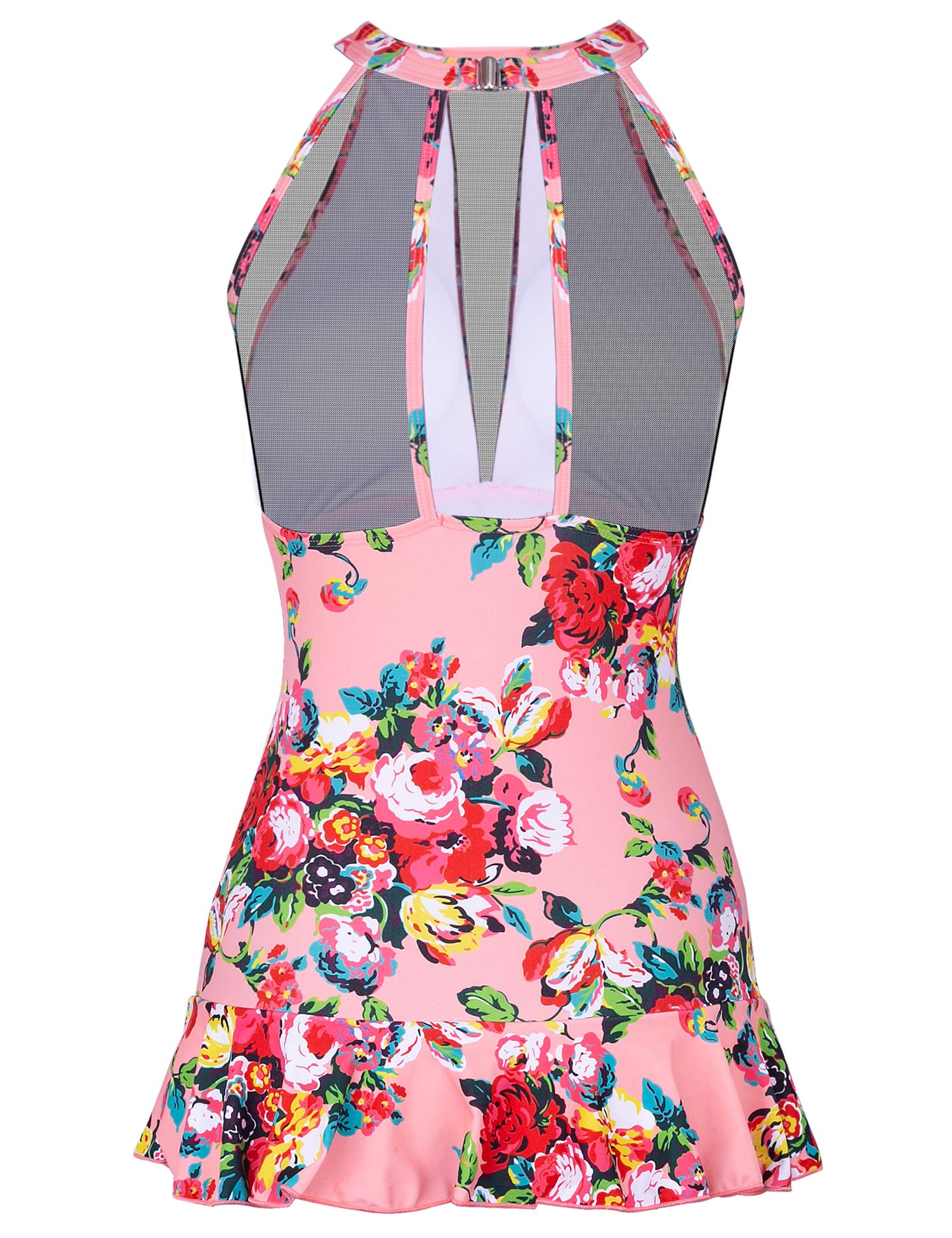 MarinaVida Women\'s One Piece Swimsuits V-Neck Mesh Shaping Swimwear Ruched Monokini Tummy Control Skirted Bathing Suits